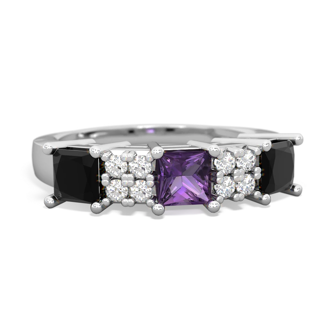 Amethyst Three Stone Diamond Cluster 14K White Gold ring R2592