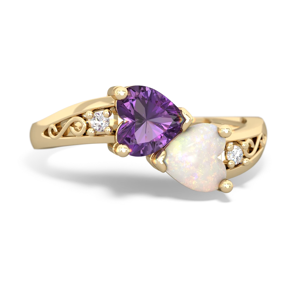 Amethyst Snuggling Hearts 14K Yellow Gold ring R2178