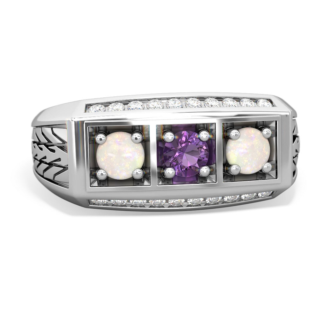 Amethyst Three Stone Tire Tread Men's 14K White Gold ring R0520