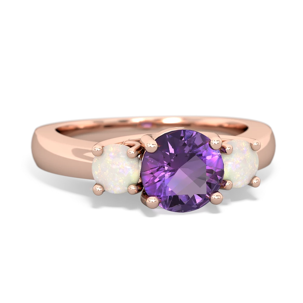 Amethyst Three Stone Round Trellis 14K Rose Gold ring R4018