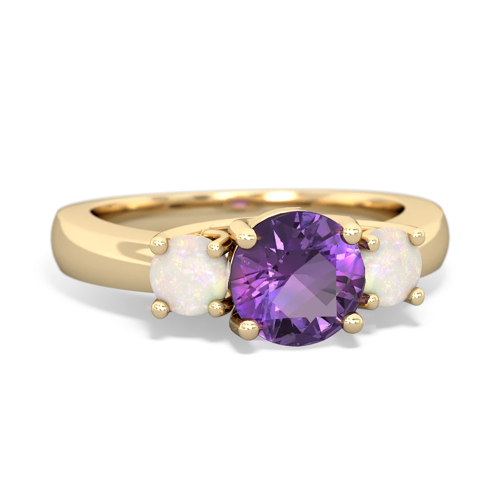 Amethyst Three Stone Round Trellis 14K Yellow Gold ring R4018