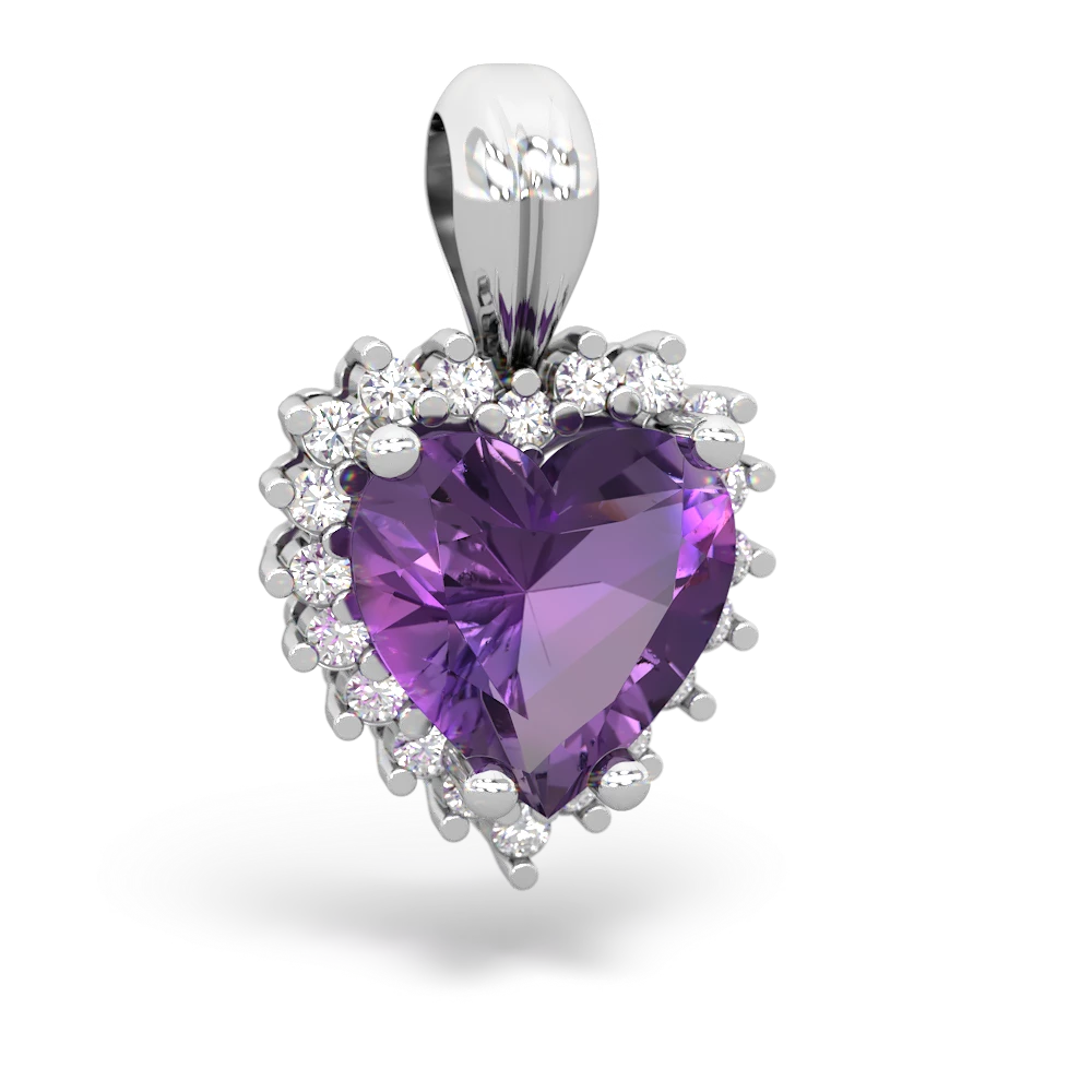 Amethyst Sparkling Halo Heart 14K White Gold pendant P0391