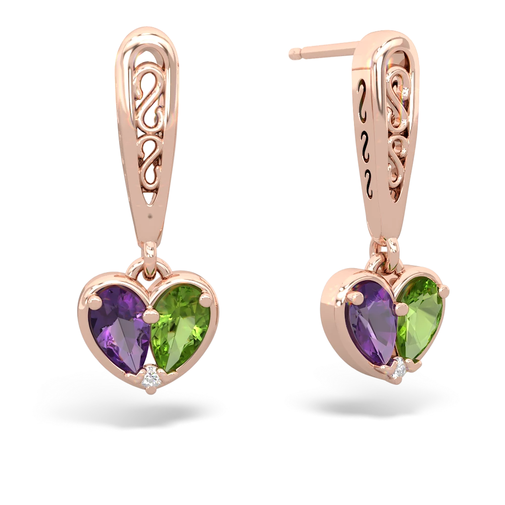 Amethyst Filligree Heart 14K Rose Gold earrings E5070