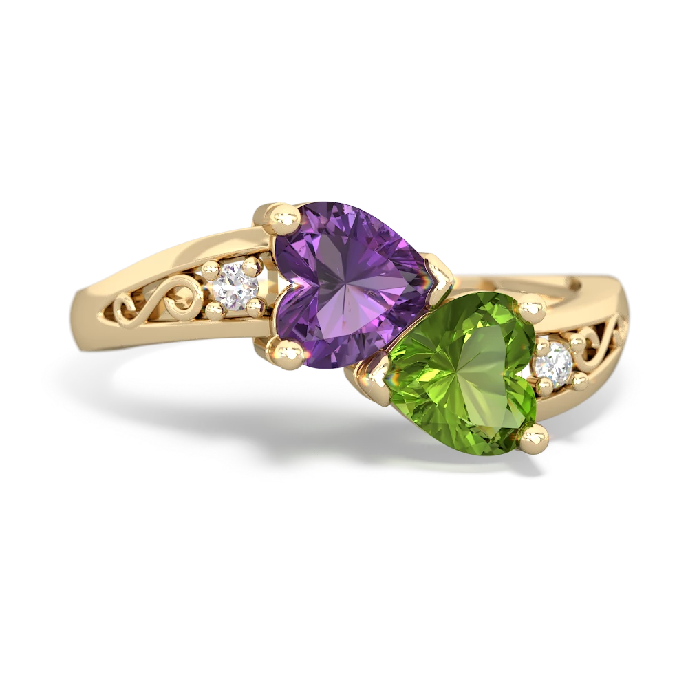 Amethyst Snuggling Hearts 14K Yellow Gold ring R2178