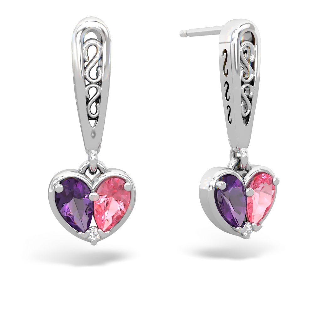 Amethyst Filligree Heart 14K White Gold earrings E5070