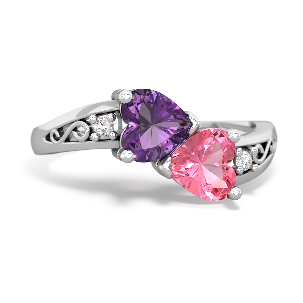 Amethyst Snuggling Hearts 14K White Gold ring R2178