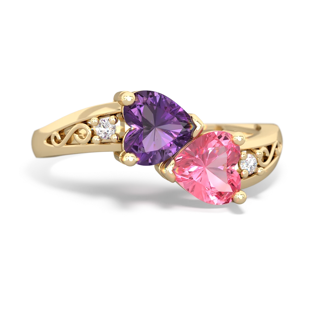 Amethyst Snuggling Hearts 14K Yellow Gold ring R2178