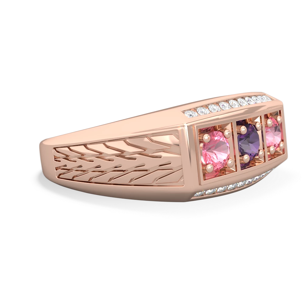 Amethyst Three Stone Tire Tread Men's 14K Rose Gold ring R0520