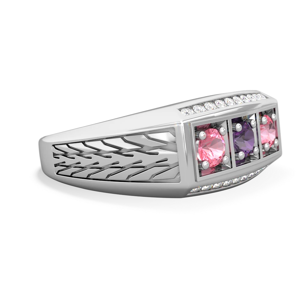 Amethyst Three Stone Tire Tread Men's 14K White Gold ring R0520