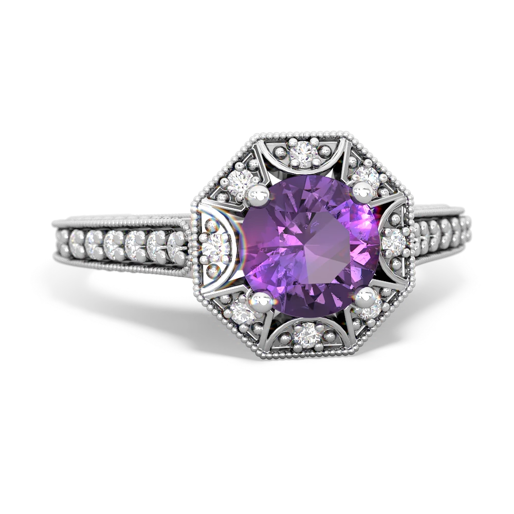 Amethyst Art-Deco Starburst 14K White Gold ring R5520