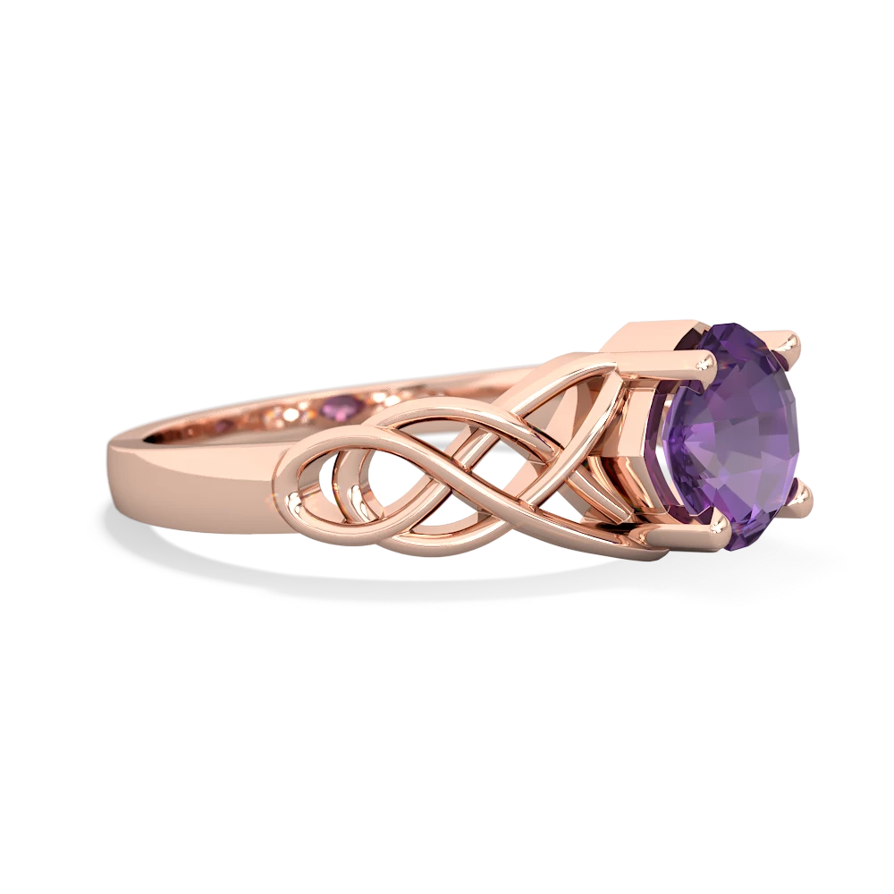 Amethyst Checkerboard Cushion Celtic Knot 14K Rose Gold ring R5000