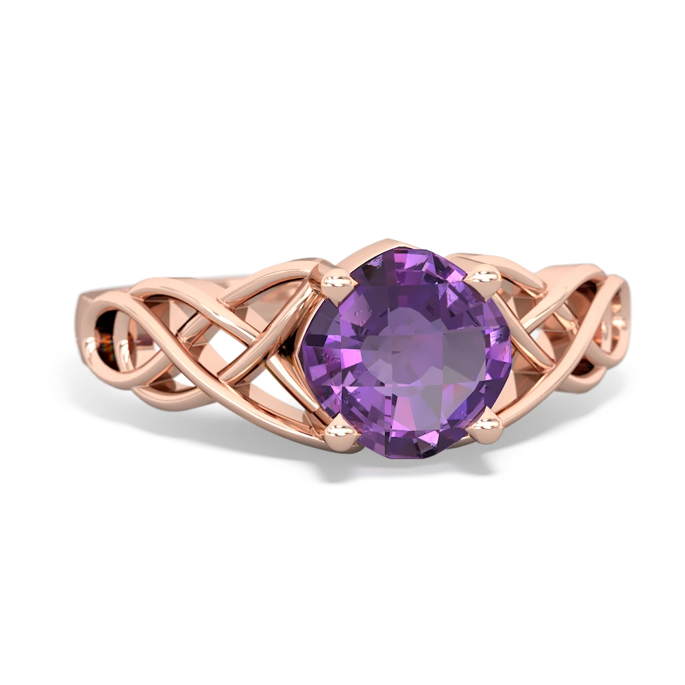 Amethyst Checkerboard Cushion Celtic Knot 14K Rose Gold ring R5000