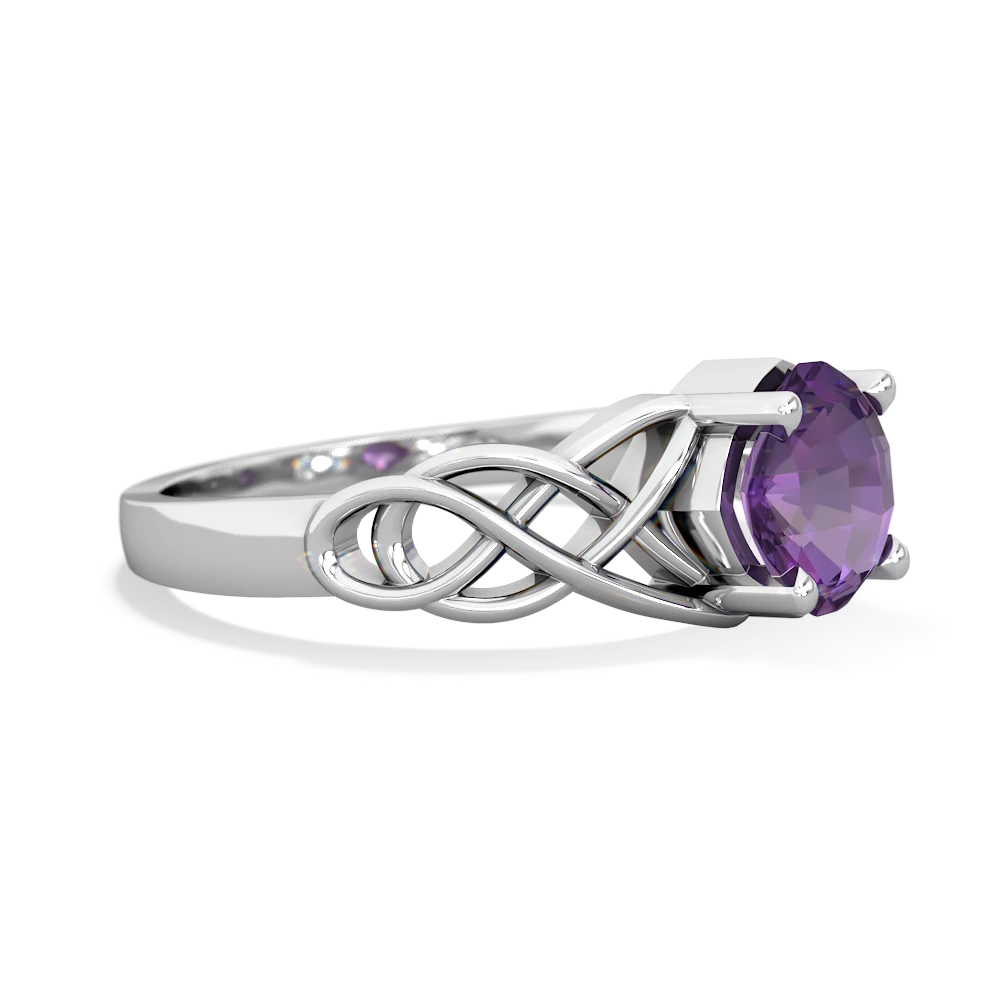 Amethyst Checkerboard Cushion Celtic Knot 14K White Gold ring R5000