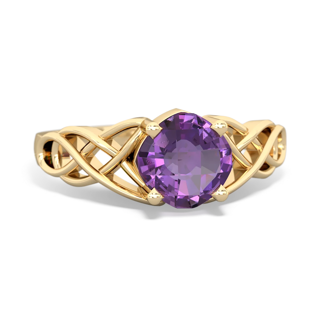 Amethyst Checkerboard Cushion Celtic Knot 14K Yellow Gold ring R5000