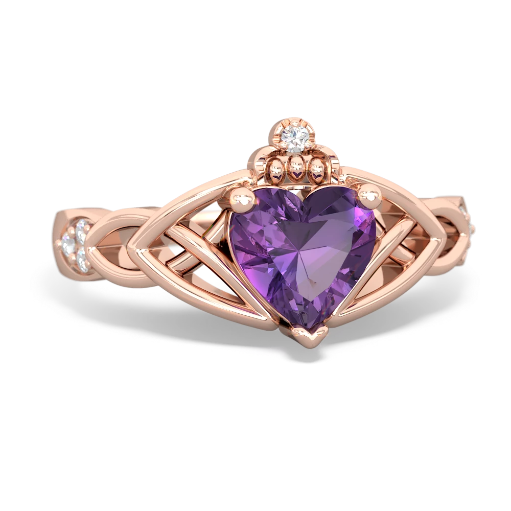 Amethyst Claddagh Celtic Knot Diamond 14K Rose Gold ring R5001