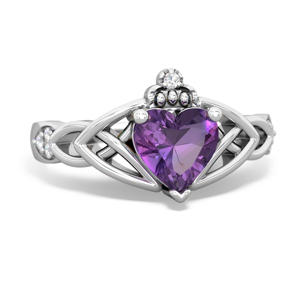 Amethyst Claddagh Celtic Knot Diamond 14K White Gold ring R5001