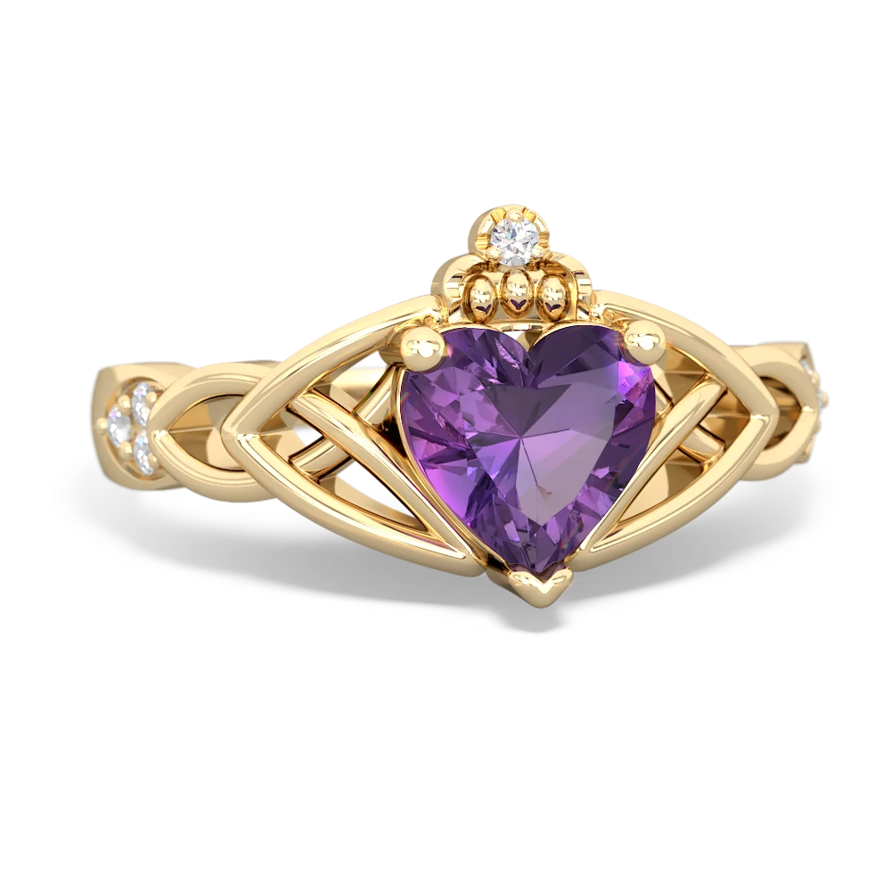 Amethyst Claddagh Celtic Knot Diamond 14K Yellow Gold ring R5001