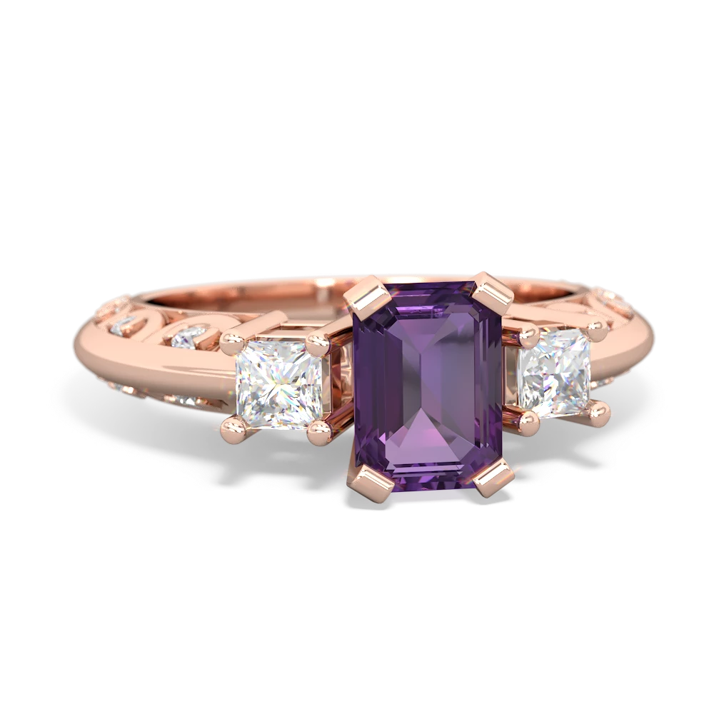 Amethyst Art Deco Diamond 7X5 Emerald-Cut Engagement 14K Rose Gold ring R20017EM