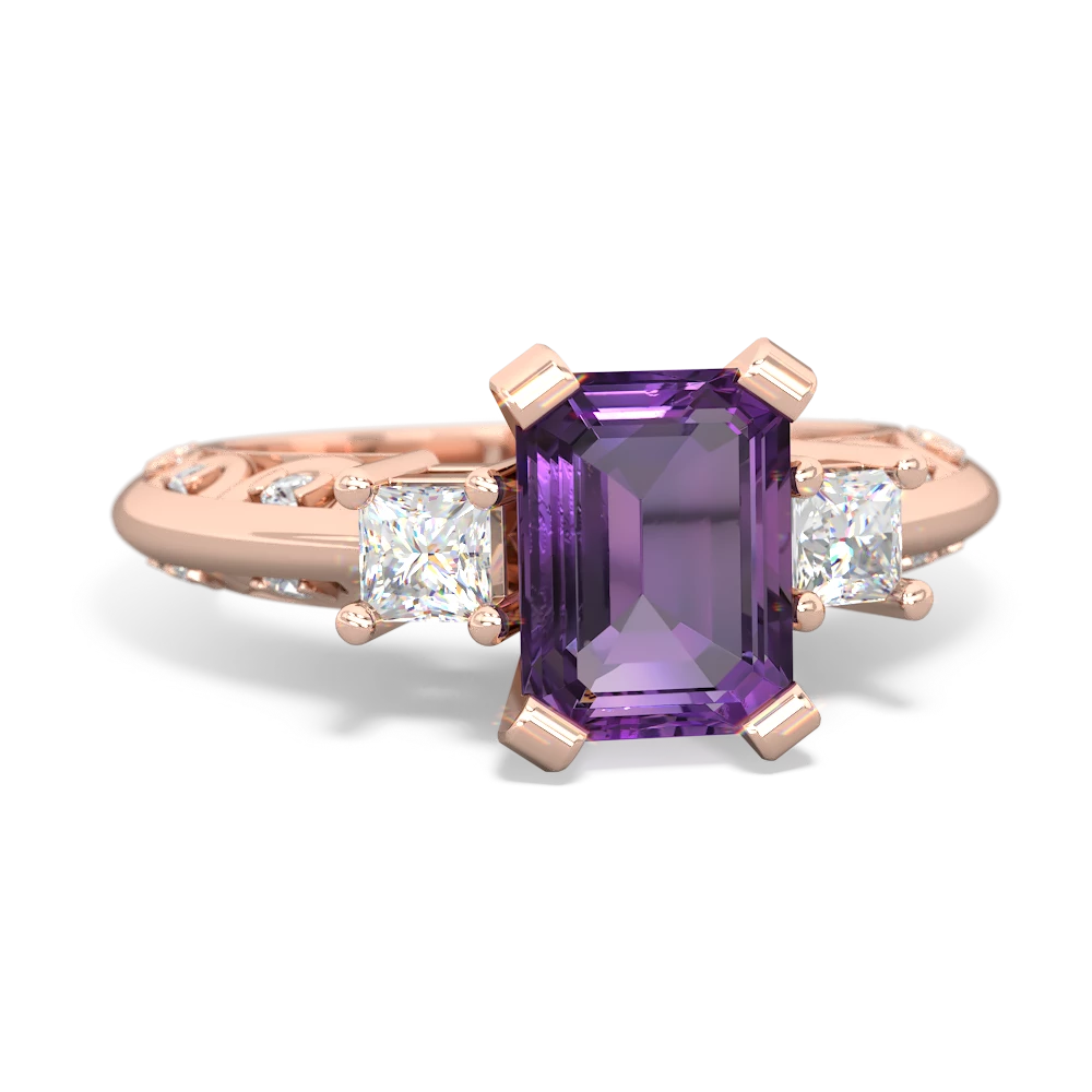 Amethyst Art Deco Diamond 8X6 Emerald-Cut Engagement 14K Rose Gold ring R20018EM