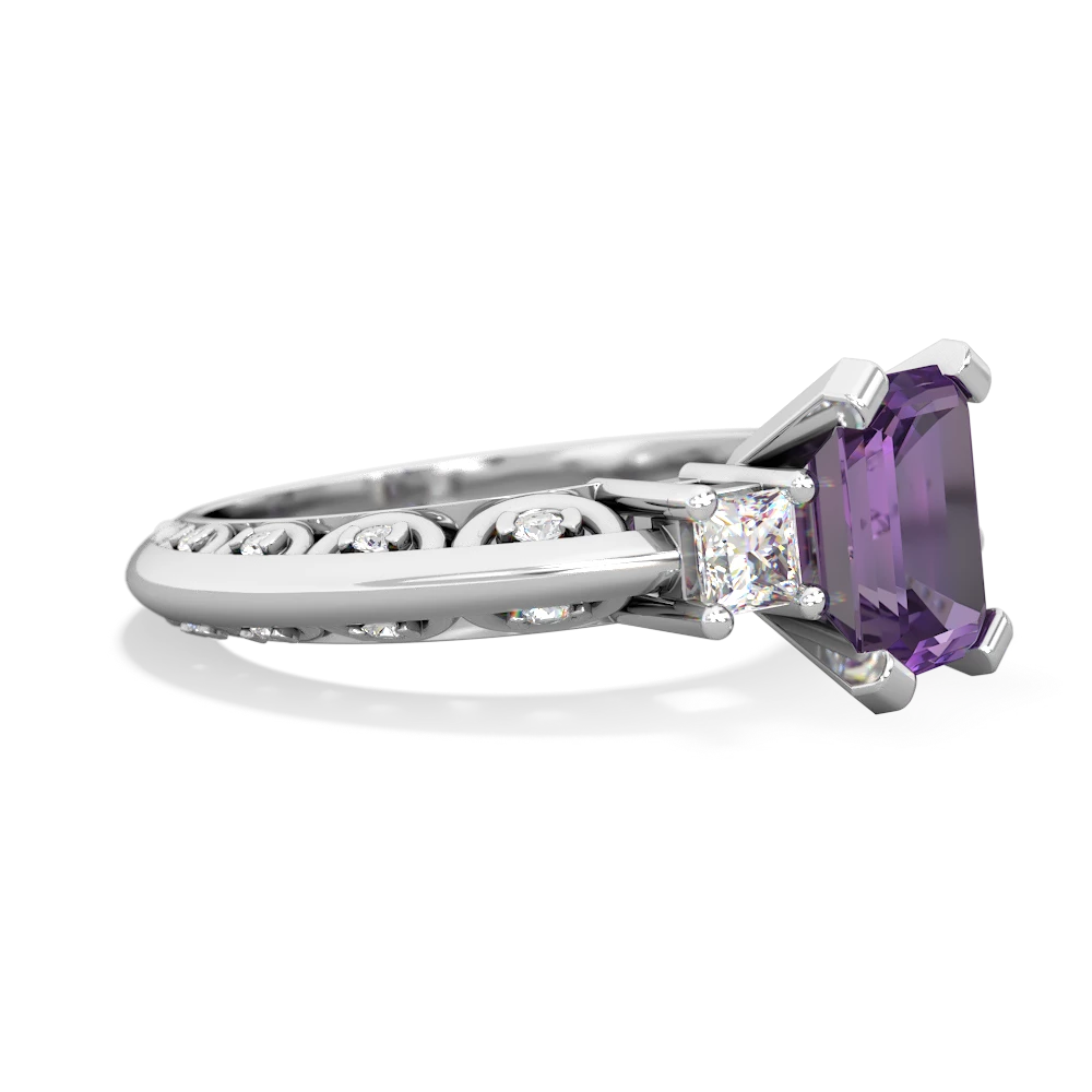 Amethyst Art Deco Diamond 8X6 Emerald-Cut Engagement 14K White Gold ring R20018EM