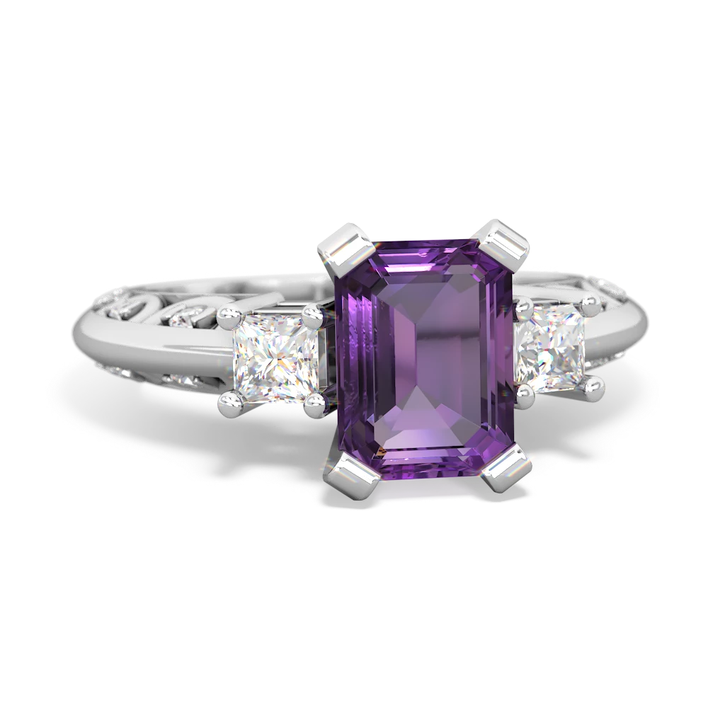 Amethyst Art Deco Diamond 8X6 Emerald-Cut Engagement 14K White Gold ring R20018EM