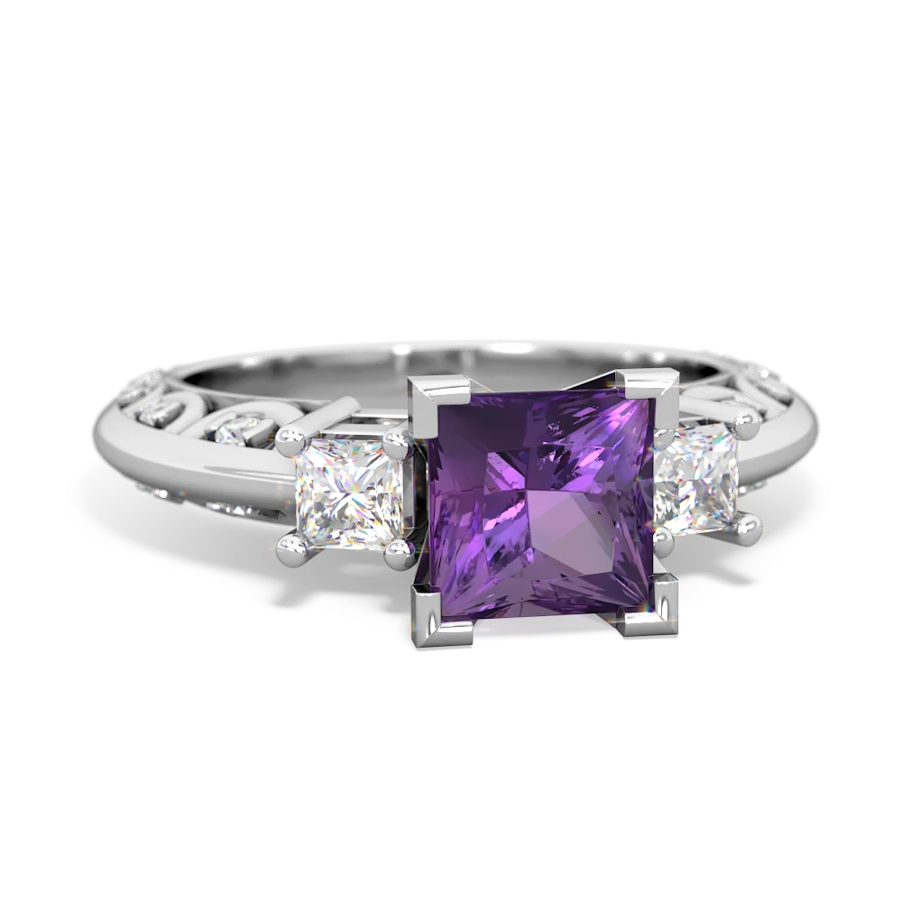 Amethyst Art Deco Diamond Engagement 6Mm Princess 14K White Gold ring R2001