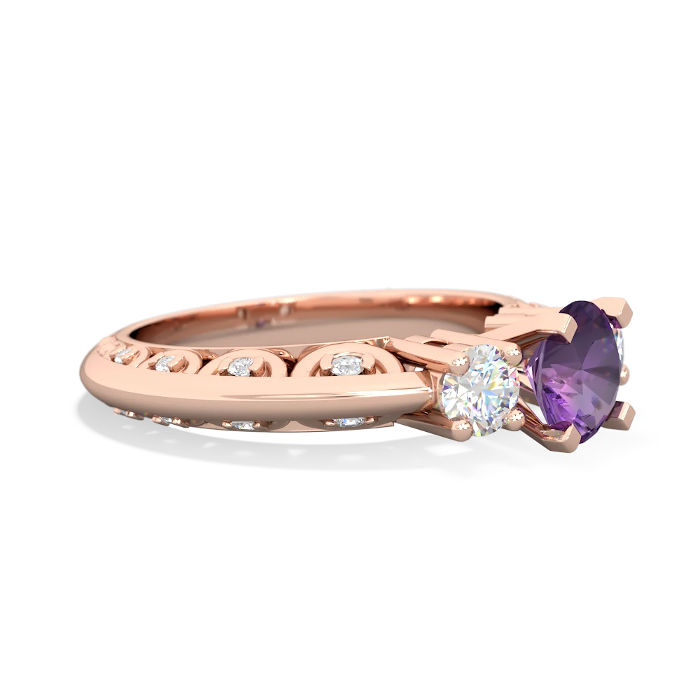 Amethyst Art Deco Diamond 6Mm Round Engagment 14K Rose Gold ring R2003