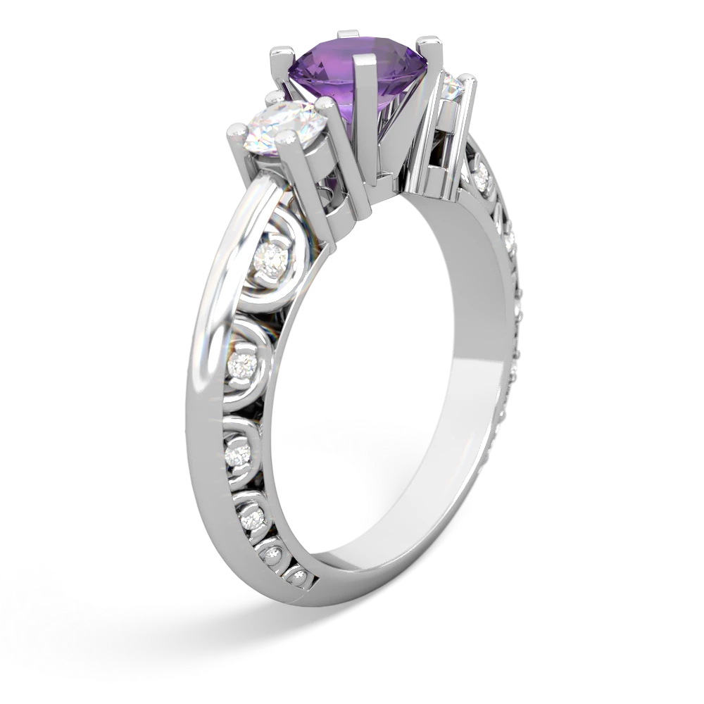 Amethyst Art Deco Diamond 6Mm Round Engagment 14K White Gold ring R2003