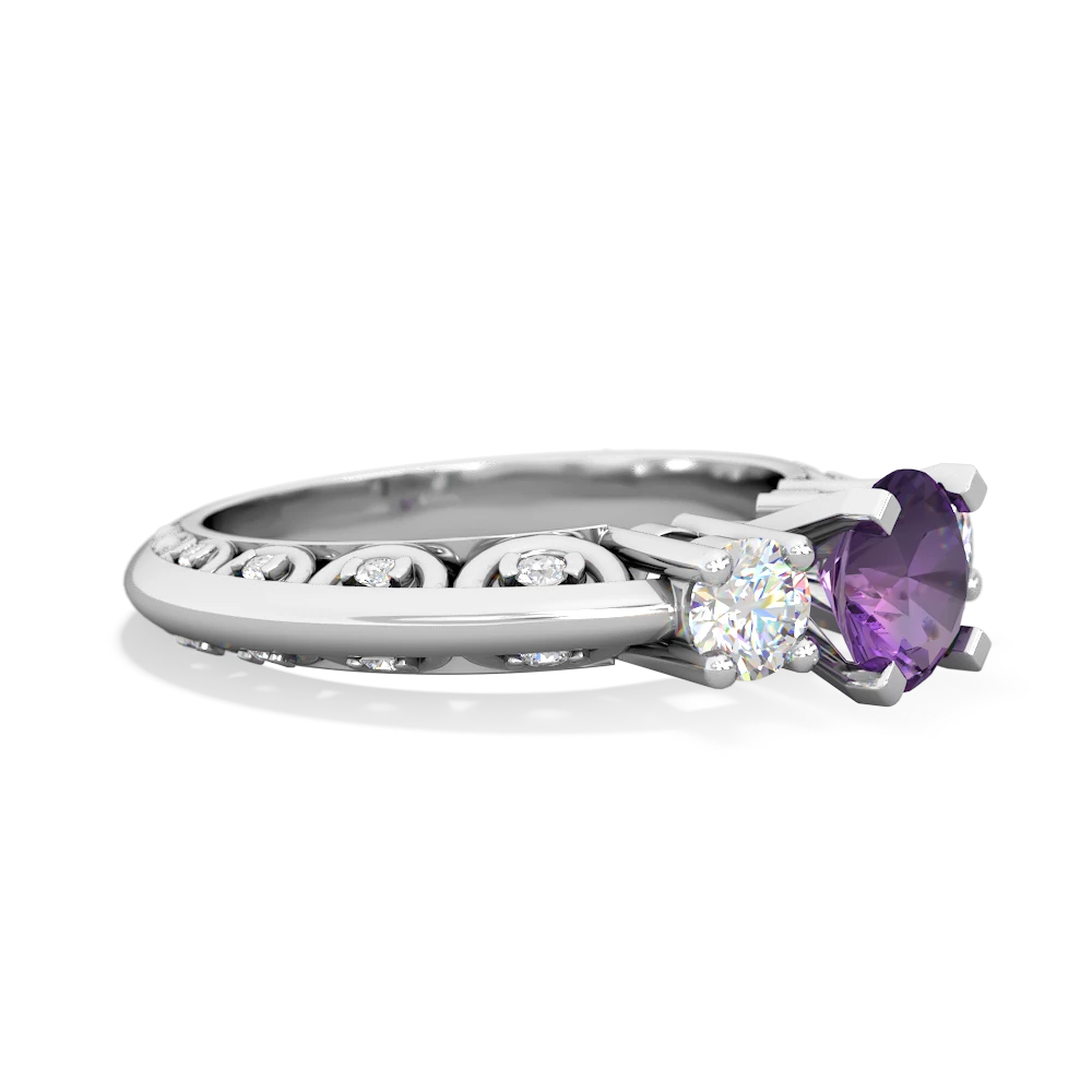 Amethyst Art Deco Diamond 6Mm Round Engagment 14K White Gold ring R2003