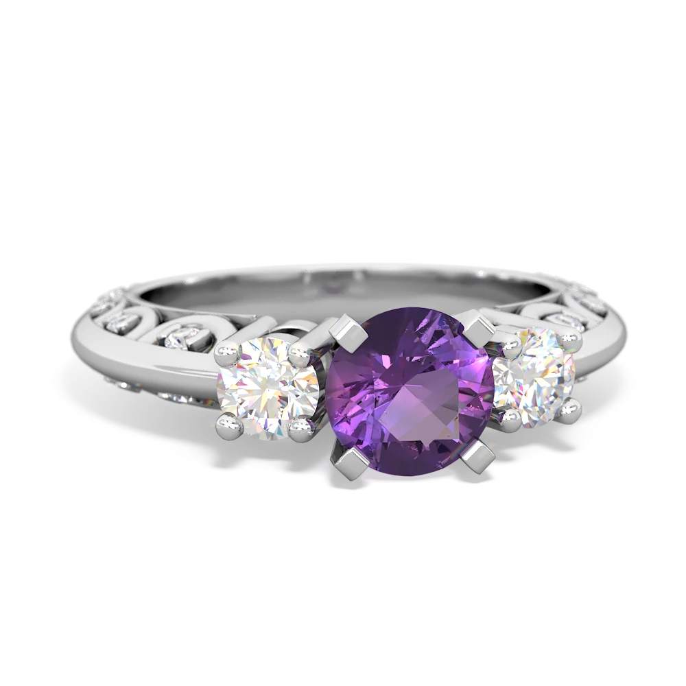 Amethyst Art Deco Diamond 6Mm Round Engagment 14K White Gold ring R2003