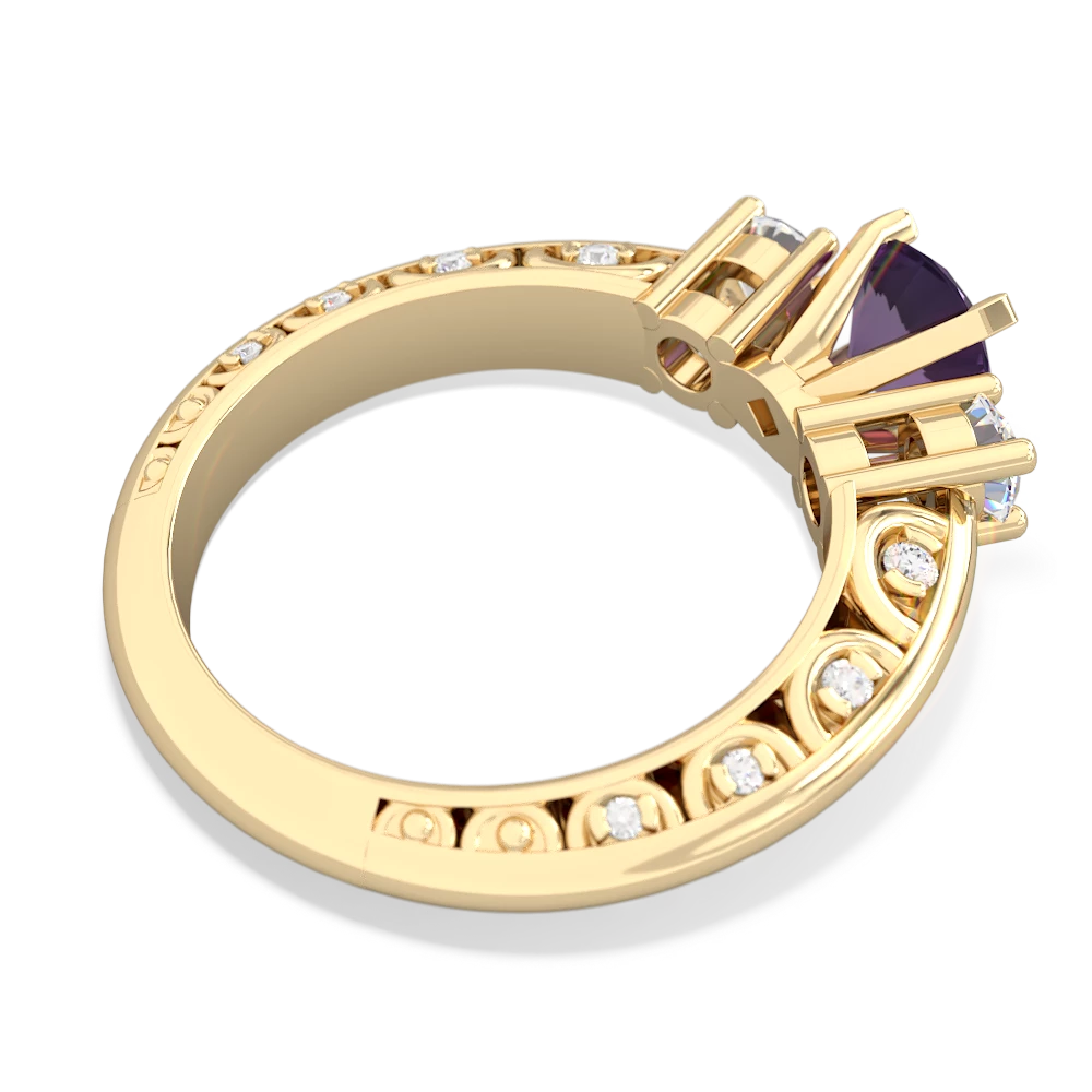 Amethyst Art Deco Diamond 6Mm Round Engagment 14K Yellow Gold ring R2003