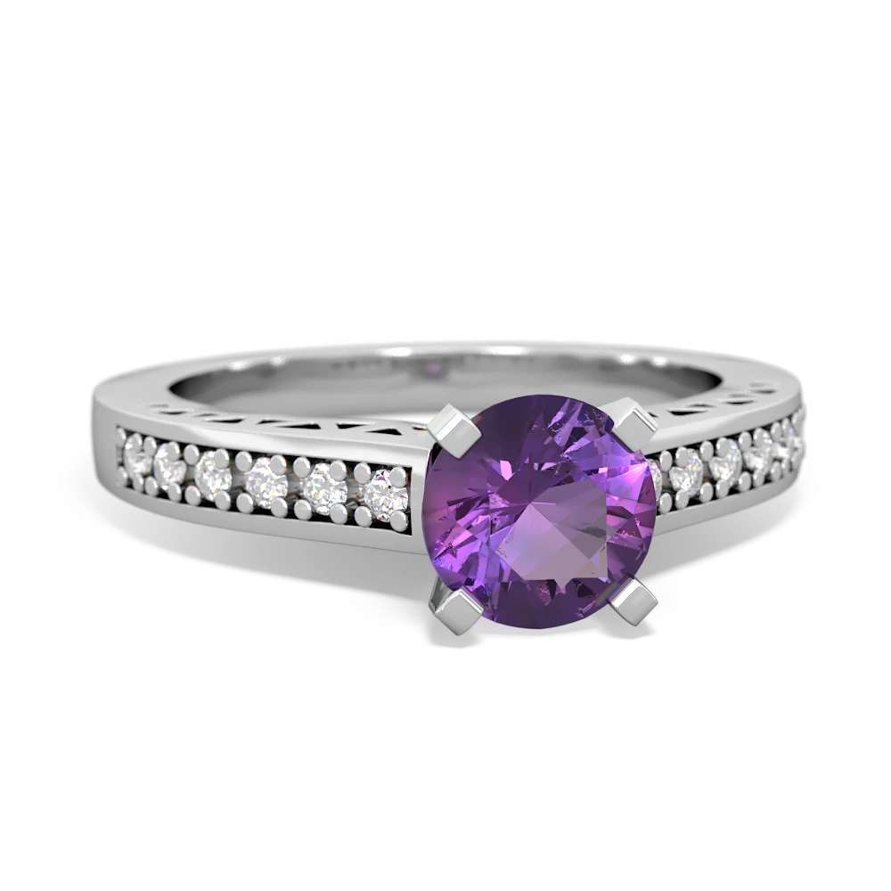 Amethyst Art Deco Engagement 6Mm Round 14K White Gold ring R26356RD