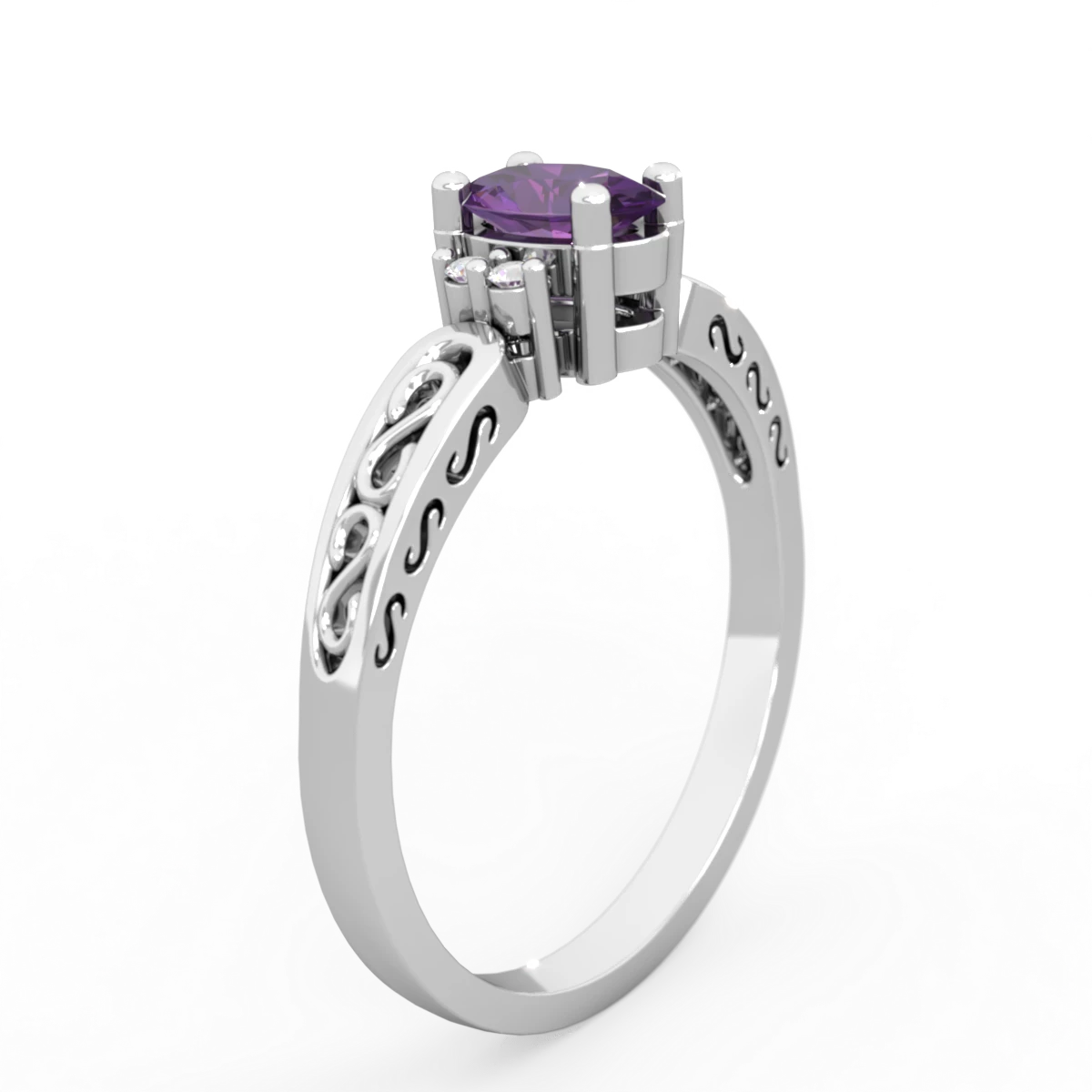 Amethyst Filligree Scroll Oval 14K White Gold ring R0812