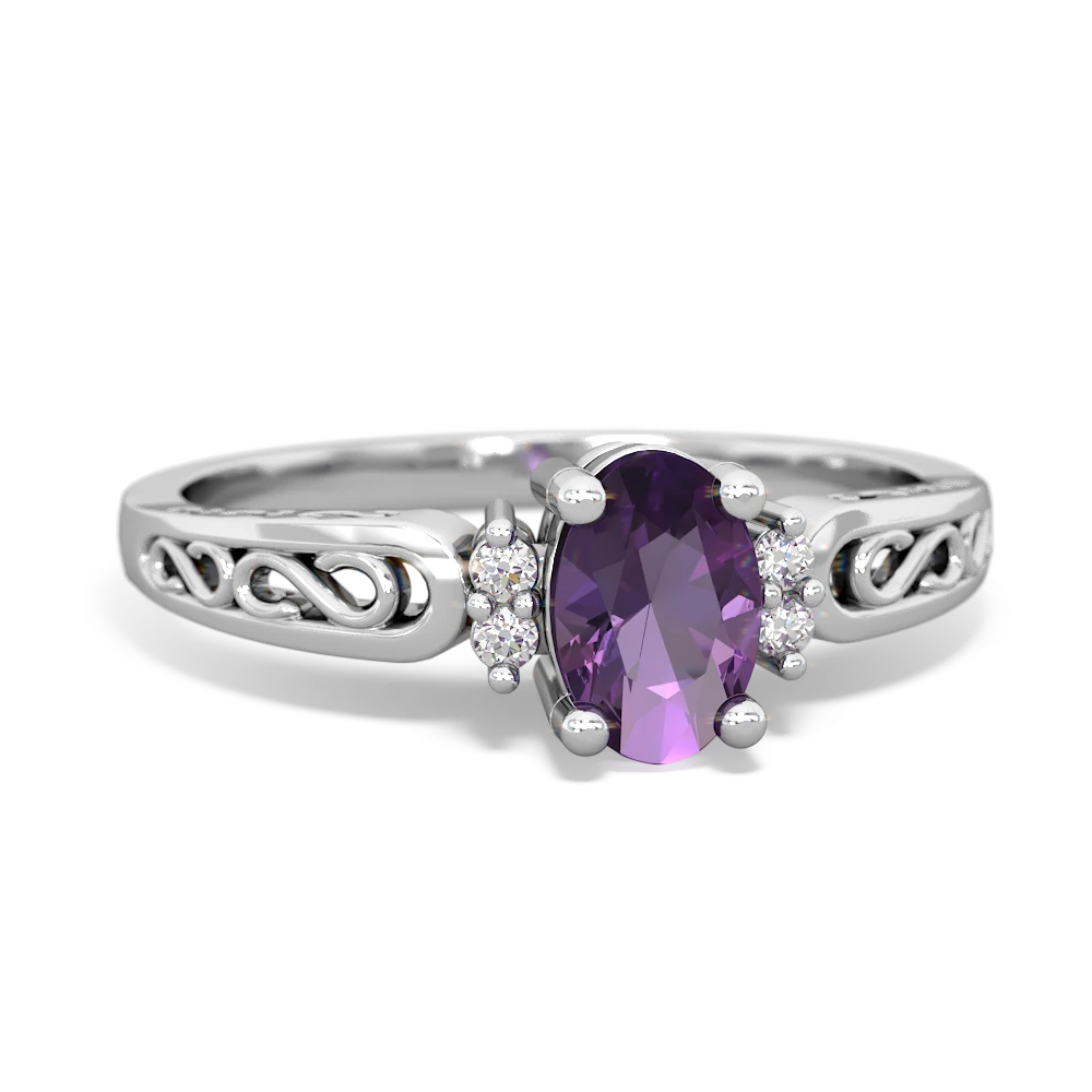 Amethyst Filligree Scroll Oval 14K White Gold ring R0812