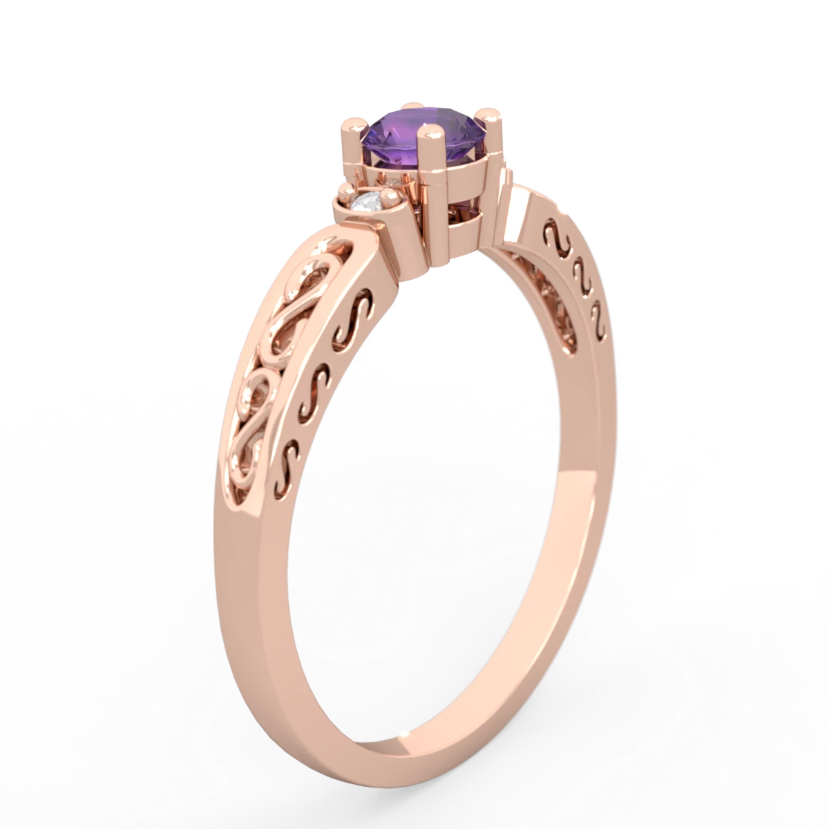 Amethyst Filligree Scroll Round 14K Rose Gold ring R0829
