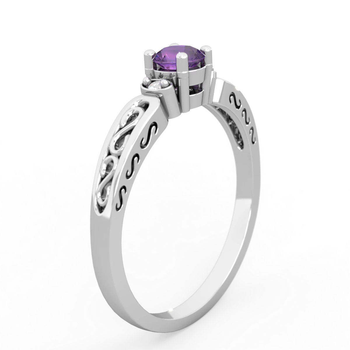 Amethyst Filligree Scroll Round 14K White Gold ring R0829