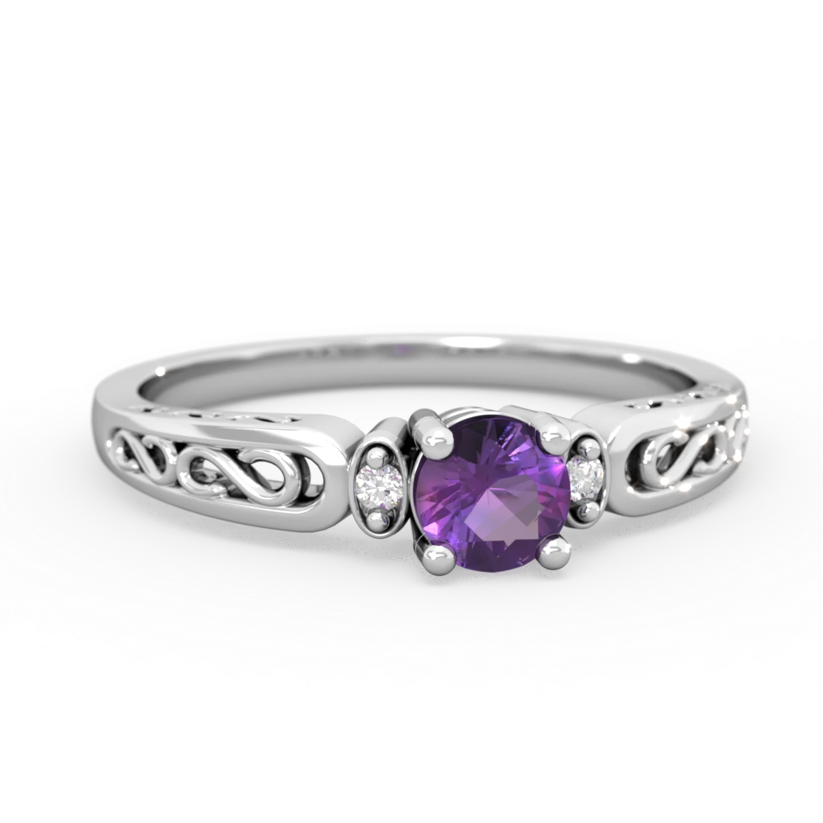Amethyst Filligree Scroll Round 14K White Gold ring R0829