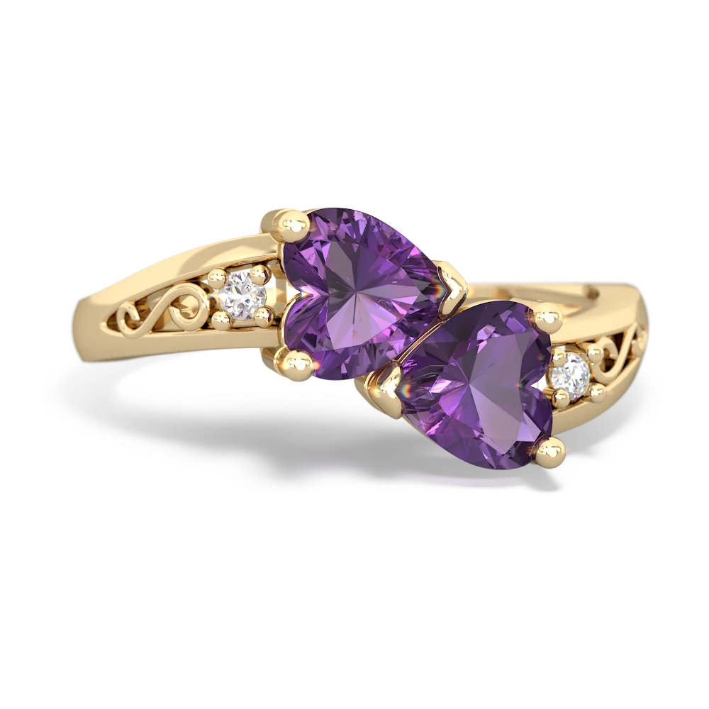 Amethyst Snuggling Hearts 14K Yellow Gold ring R2178