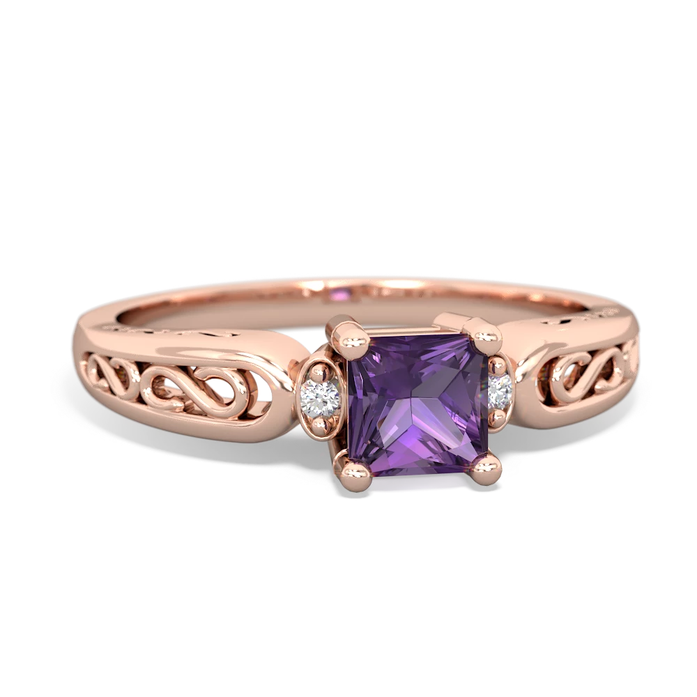 Amethyst Filligree Scroll Square 14K Rose Gold ring R2430