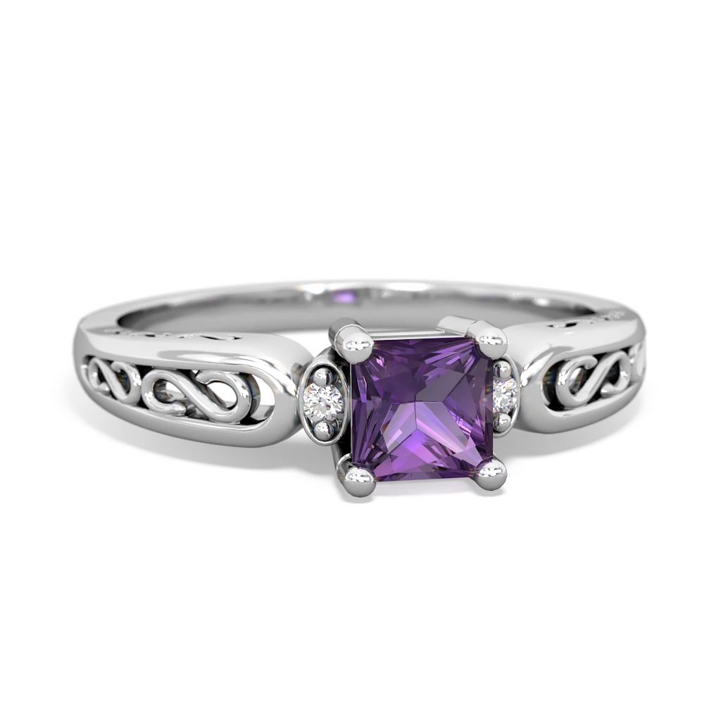 Amethyst Filligree Scroll Square 14K White Gold ring R2430