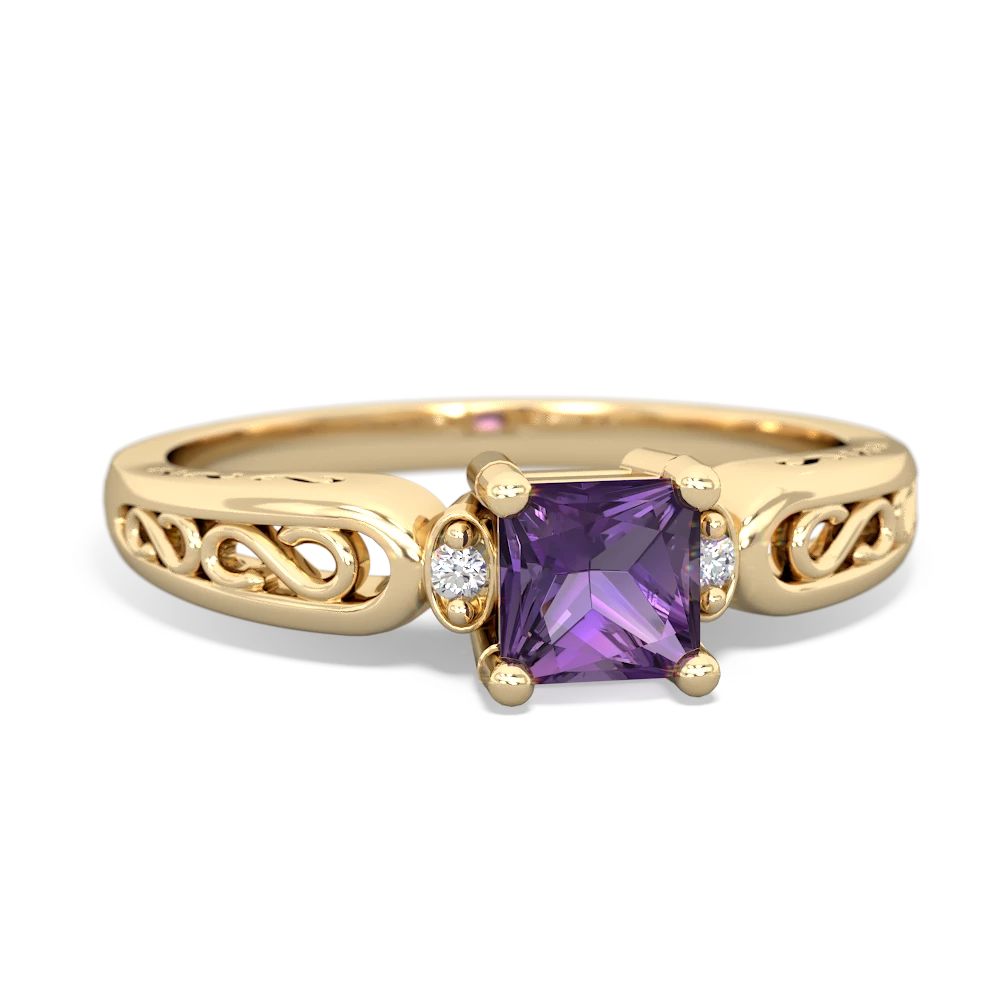 Amethyst Filligree Scroll Square 14K Yellow Gold ring R2430