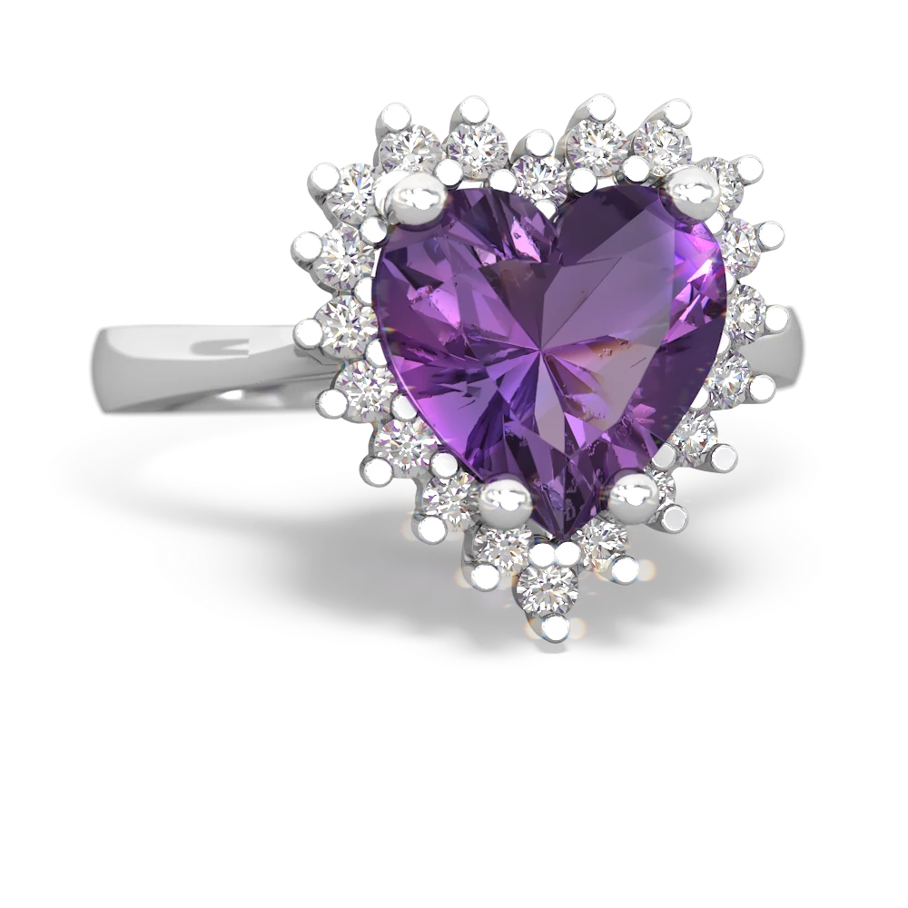 Amethyst Sparkling Halo Heart 14K White Gold ring R0391