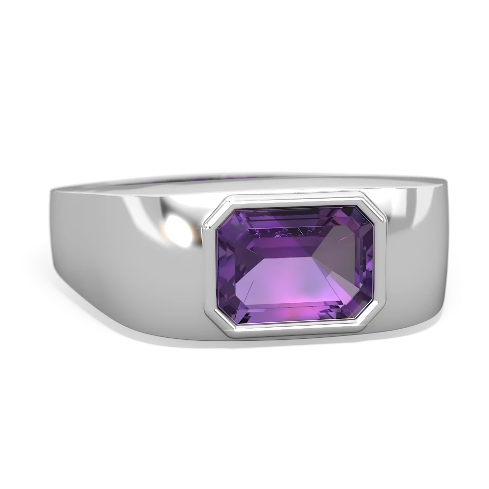 Amethyst Men's Emerald-Cut Bezel 14K White Gold ring R0410