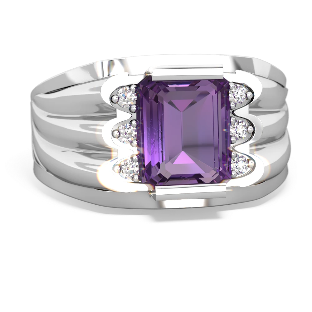 Amethyst Men's 9X7mm Emerald-Cut 14K White Gold ring R1835