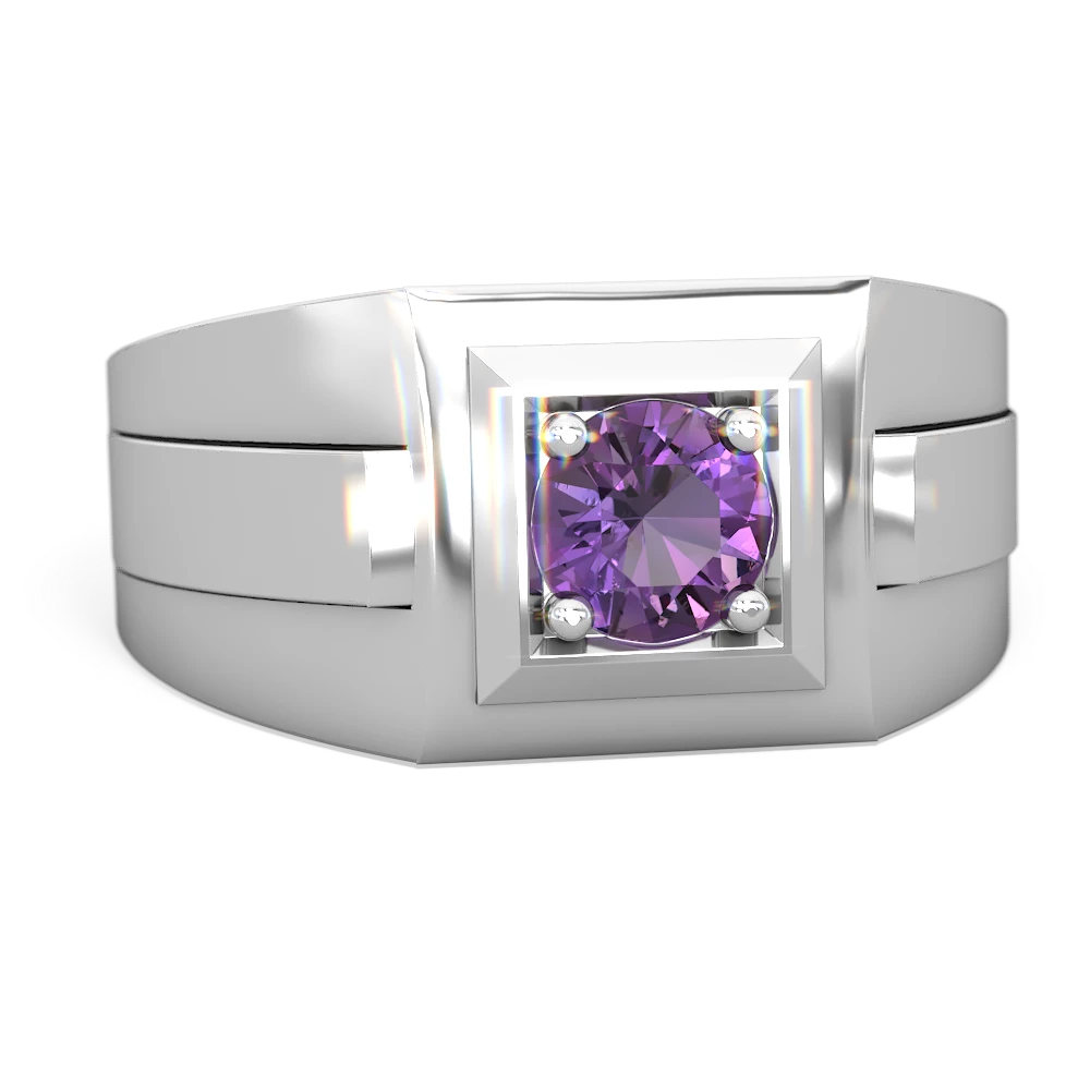 Amethyst Men's Squared Circle 14K White Gold ring R0480