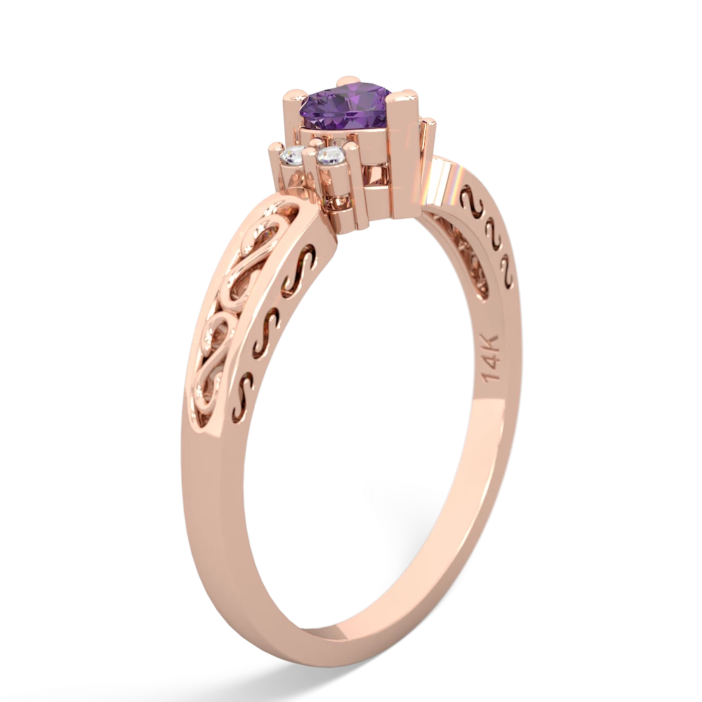 Amethyst Filligree Scroll Heart 14K Rose Gold ring R2429