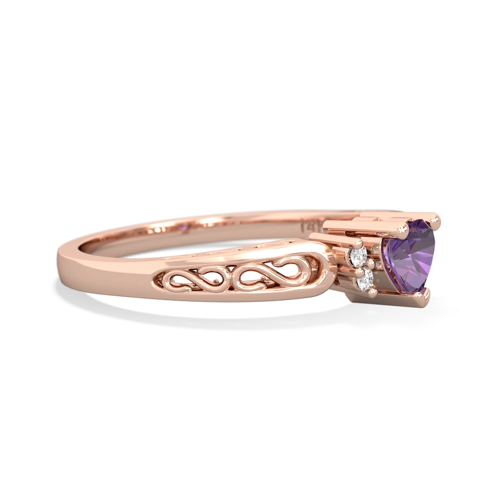 Amethyst Filligree Scroll Heart 14K Rose Gold ring R2429