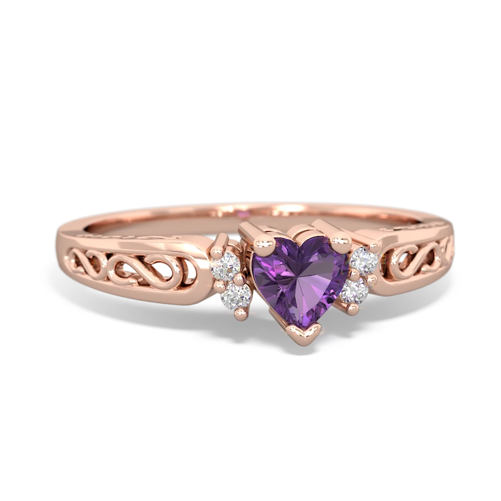 Amethyst Filligree Scroll Heart 14K Rose Gold ring R2429