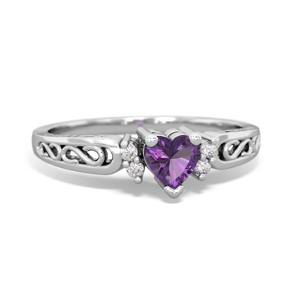 Amethyst Filligree Scroll Heart 14K White Gold ring R2429