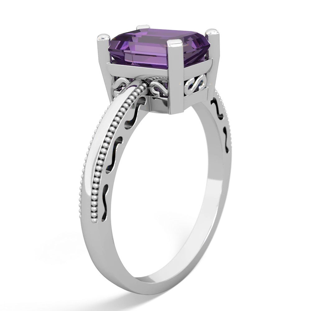 Amethyst Milgrain Scroll 14K White Gold ring R2338